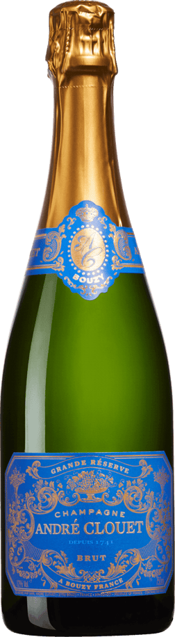 En glasflaska med André Clouet Grande Reserve, ett champagne från Champagne i Frankrike