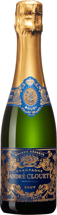En glasflaska med André Clouet Grande Réserve, ett champagne från Champagne i Frankrike