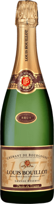 En glasflaska med Louis Bouillot Crémant de Bourgogne Brut, en mousserande från Bourgogne i Frankrike