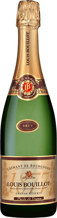 En glasflaska med Louis Bouillot Crémant de Bourgogne Brut, en mousserande från Bourgogne i Frankrike