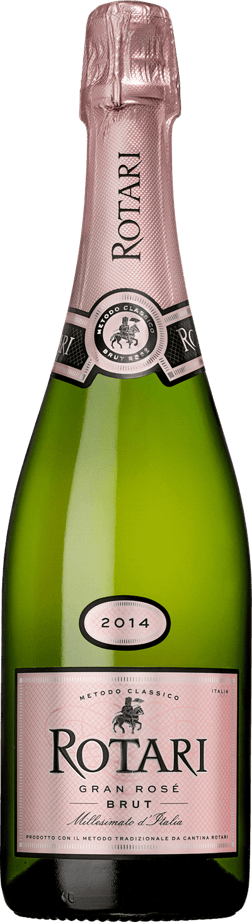 En glasflaska med Rotari Rosé 2020, en mousserande från Trentino-Alto Adige i Italien