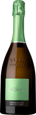 En glasflaska med Le Contesse Prosecco Treviso, en mousserande från Venetien i Italien