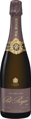 En glasflaska med Pol Roger Rosé 2015, ett champagne från Champagne i Frankrike