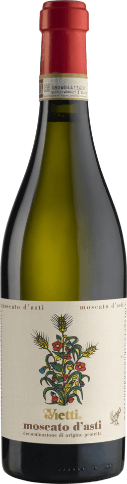 En glasflaska med Vietti Moscato d’Asti DOCG 2023, ett vitt vin från Piemonte i Italien