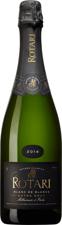 En glasflaska med Rotari Blanc de Blancs Extra Brut, en mousserande från Trentino-Alto Adige i Italien