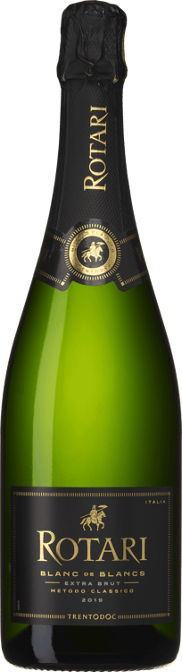 En glasflaska med Rotari Blanc de Blancs Extra Brut, en mousserande från Trentino-Alto Adige i Italien