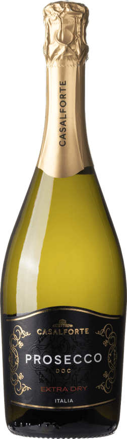 En glasflaska med Casalforte Prosecco Extra Dry, en mousserande från Venetien i Italien