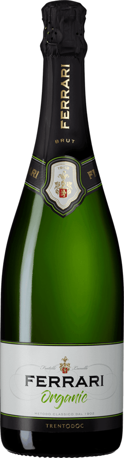 En glasflaska med Ferrari Brut Organic, en mousserande från Trentino-Alto Adige i Italien
