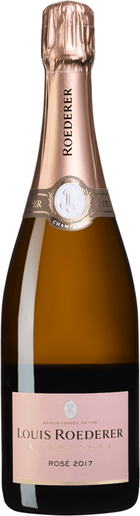 En glasflaska med Louis Roederer Rosé 2015, ett champagne från Champagne i Frankrike