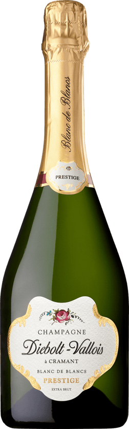 En glasflaska med Diebolt-Vallois Prestige Extra Brut, ett champagne från Champagne i Frankrike
