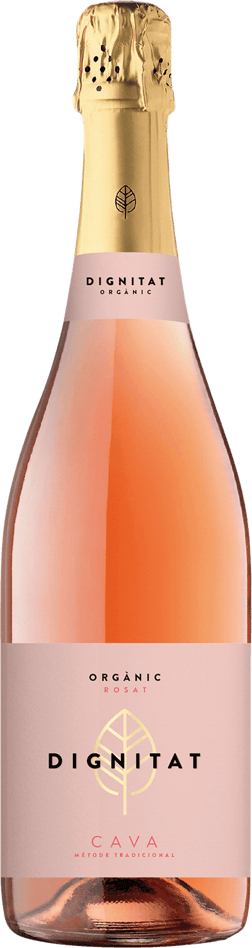 En glasflaska med Dignitat Cava 2019, en mousserande från Cava i Spanien
