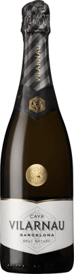 En glasflaska med Vilarnau Brut Nature Organic, en mousserande från Cava i Spanien