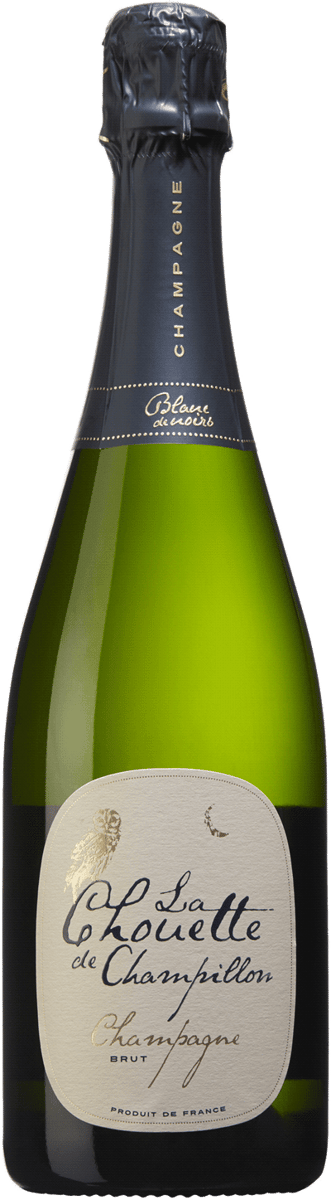En glasflaska med La Chouette de Champillon Blanc de Noirs, ett champagne från Champagne i Frankrike