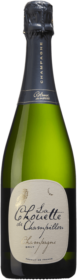 En glasflaska med La Chouette de Champillon Blanc de Noirs, ett champagne från Champagne i Frankrike