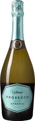 En glasflaska med Ca’ Montini Prosecco Extra Dry, en mousserande från Venetien i Italien