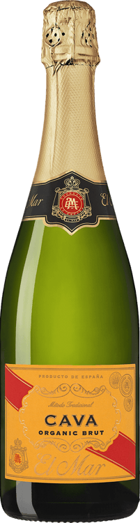 En glasflaska med El Mar Cava Brut, en mousserande från Cava i Spanien