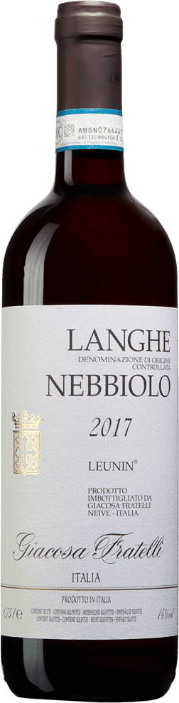 En lättare glasflaska med Langhe Nebbiolo Leunin 2020, ett rött vin från Piemonte i Italien