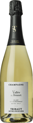 En lättare glasflaska med Tribaut Blanc de Chardonnay Brut, ett champagne från Champagne i Frankrike