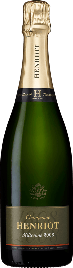 En glasflaska med Henriot Millésimé Brut 2008, ett champagne från Champagne i Frankrike