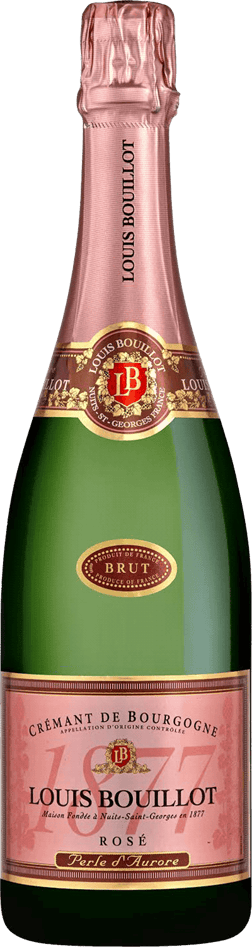 En glasflaska med Louis Bouillot Crémant de Bourgogne Rosé Brut, en mousserande från Bourgogne i Frankrike