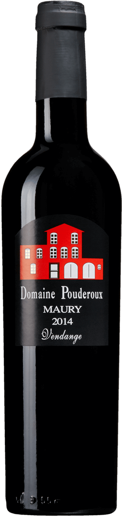 En glasflaska med Domaine Pouderoux 2022, en starkvin från Languedoc-Roussillon i Frankrike