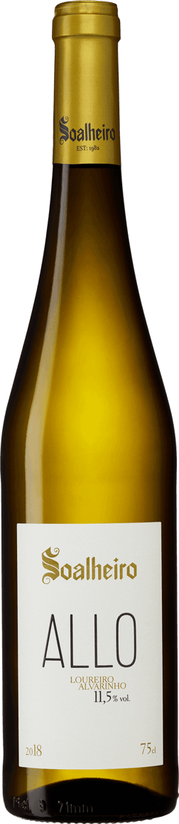 En lättare glasflaska med Soalheiro ALLO 2023, ett vitt vin från Vinho Verde i Portugal