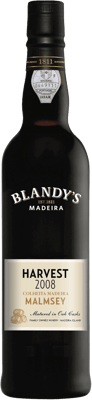 En glasflaska med Blandy’s Colheita Malmsey 2016, en starkvin från Madeira i Portugal