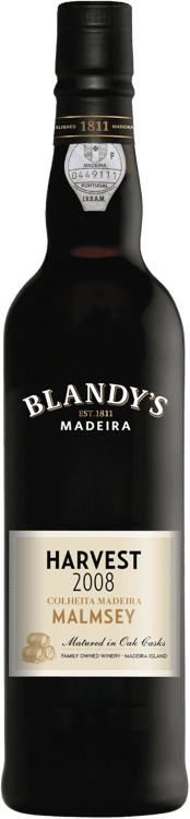 En glasflaska med Blandy&#8217;s Colheita Malmsey 2016, en starkvin från Madeira i Portugal