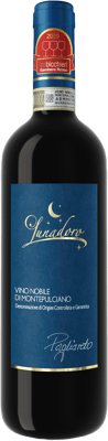 En glasflaska med Lunadoro Pagliareto Vino Nobile di Montepulciano, ett rött vin från Toscana i Italien