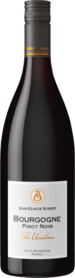 En glasflaska med Jean-Claude Boisset Bourgogne Pinot Noir Les Ursulines 2022, ett rött vin från Bourgogne i Frankrike