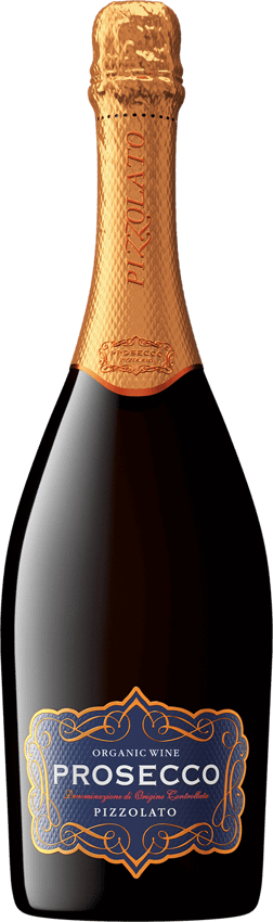 En glasflaska med Prosecco Pizzolato, en mousserande från Venetien i Italien
