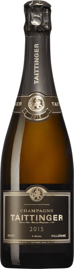 En glasflaska med Champagne Taittinger Brut Vintage 2015, ett champagne från Champagne i Frankrike