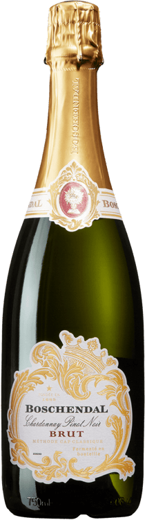 En glasflaska med Boschendal Brut Chardonnay Pinot Noir, en mousserande från Western Cape i Sydafrika