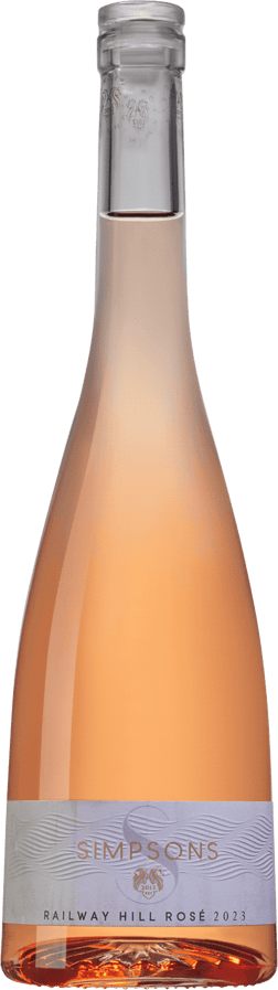 En glasflaska med Simpsons Railway Hill Rosé 2023, en rosévin från England i Storbritannien