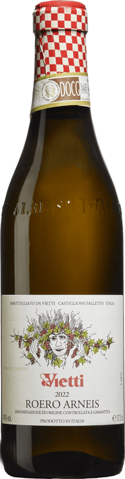 En glasflaska med Vietti Roero Arneis 2020, ett vitt vin från Piemonte i Italien