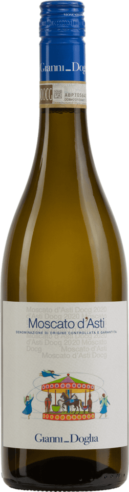 En glasflaska med Moscato d’Asti Gianni Doglia 2024, ett vitt vin från Piemonte i Italien