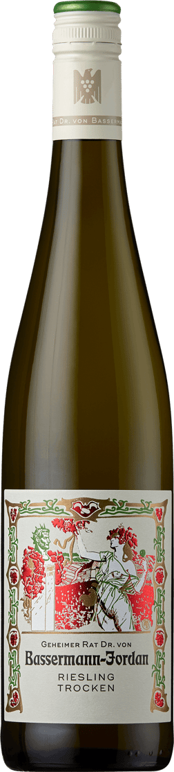 En lättare glasflaska med Bassermann-Jordan Riesling Trocken 2024, ett vitt vin från Pfalz i Tyskland