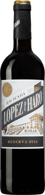 En glasflaska med Hacienda López de Haro Crianza 2014, ett rött vin från Frankrike
