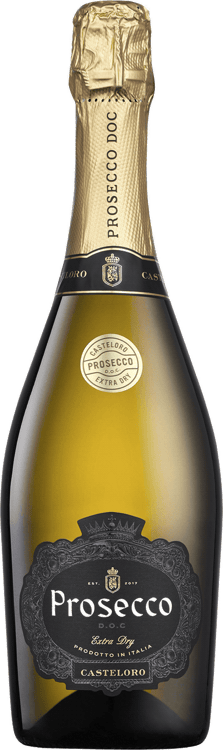 En glasflaska med Casteloro Prosecco Extra Dry Black Edition, en mousserande från Venetien i Italien