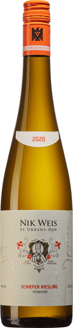 En glasflaska med Schiefer Riesling Feinherb 2021, ett vitt vin från Mosel i Tyskland