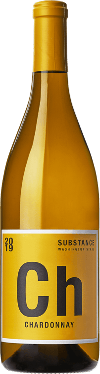 En lättare glasflaska med Substance Chardonnay, ett vitt vin från Washington State i USA