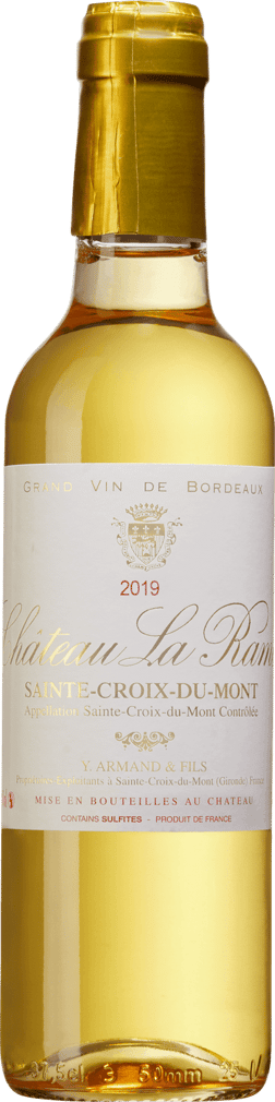 En glasflaska med Château La Rame 2020, ett vitt vin från Bordeaux i Frankrike
