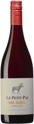 En lättare glasflaska med Mas Janeil Le Petit Pas, ett rött vin från Languedoc-Roussillon i Frankrike