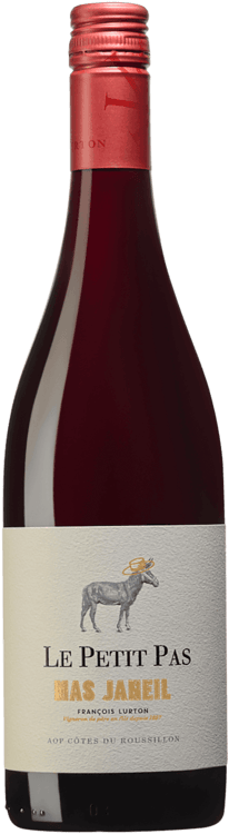 En lättare glasflaska med Mas Janeil Le Petit Pas, ett rött vin från Languedoc-Roussillon i Frankrike