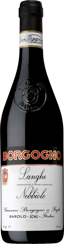 En glasflaska med Borgogno Langhe Nebbiolo 2022, ett rött vin från Piemonte i Italien