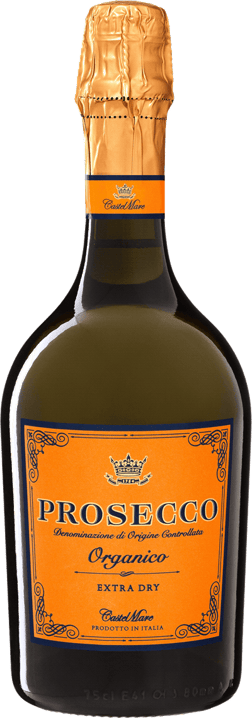 En glasflaska med Castelmare Prosecco Organic Extra Dry, en mousserande från Venetien i Italien