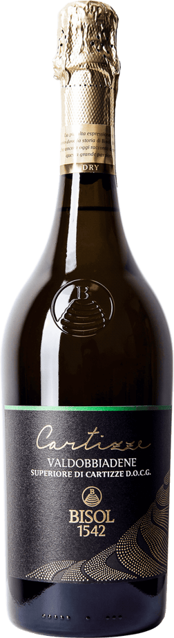 En glasflaska med Cartizze Vadobbiadene Superiore Dry, en mousserande från Venetien i Italien