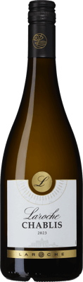 En glasflaska med L Chablis Domaine Laroche, ett vitt vin från Bourgogne i Frankrike