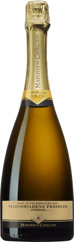 En glasflaska med Cavalieri Rive di Colbertaldo Valdobbiadene Prosecco 2019, en mousserande från Venetien i Italien