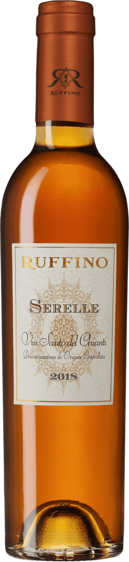 En glasflaska med Ruffino Vinsanto Serelle 2020, ett vitt vin från Toscana i Italien